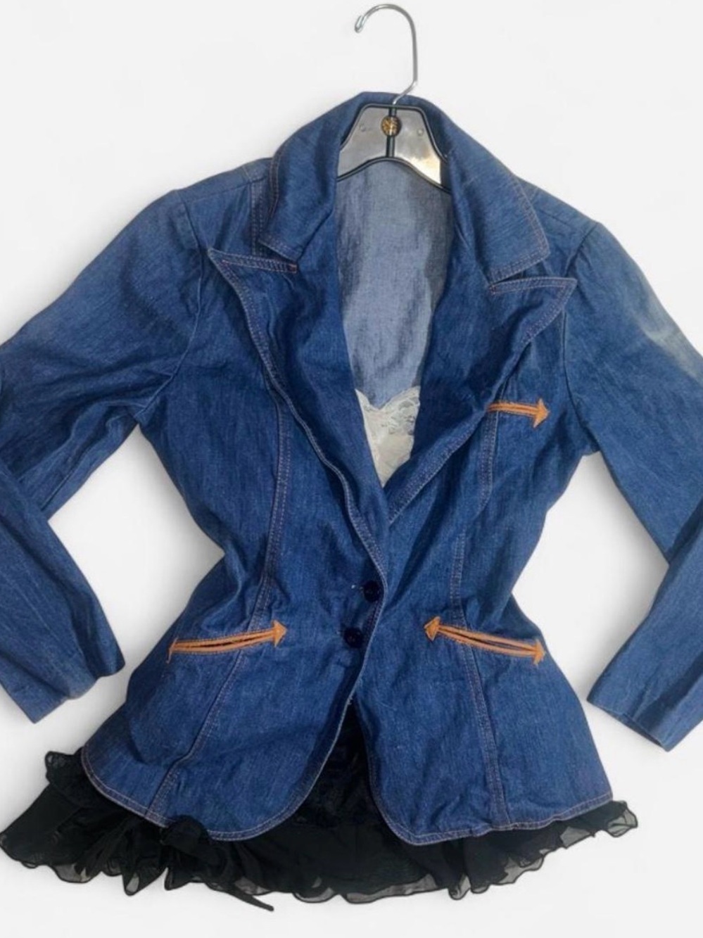 Women's Dark Blue Denim Blazer Jacket with Contrast Arrow Trim